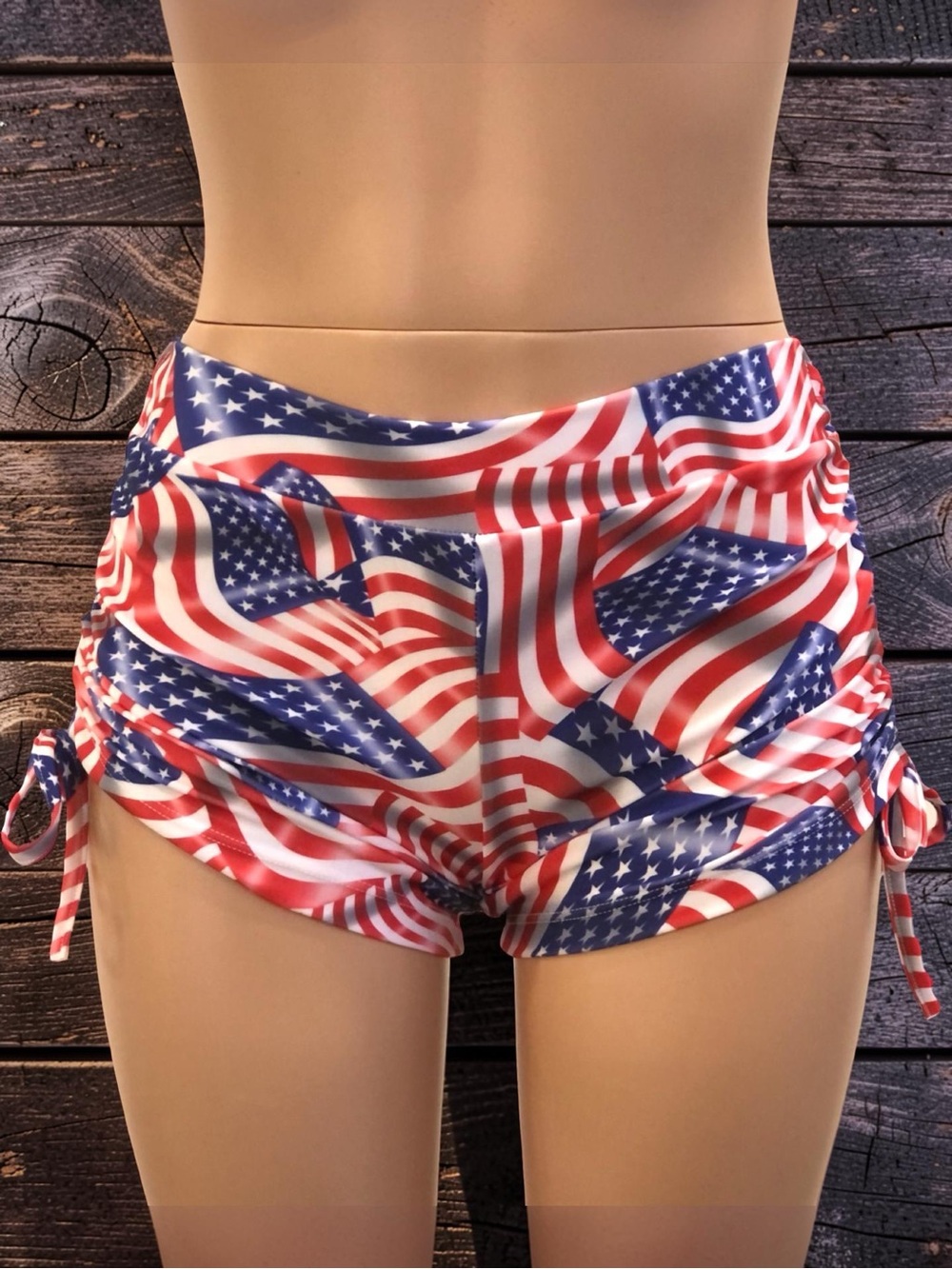 American Flag Print Shorts Stars Yoga Skinny Waistband Swim Made in USA NEW